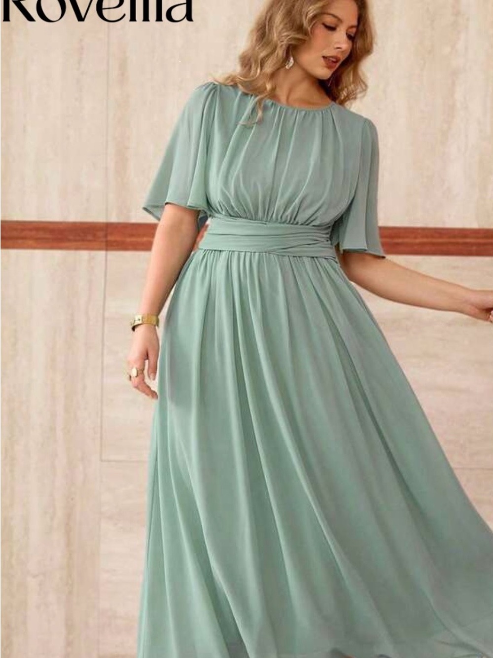 Sage Green Chiffon Ruched Waist Maxi Dress